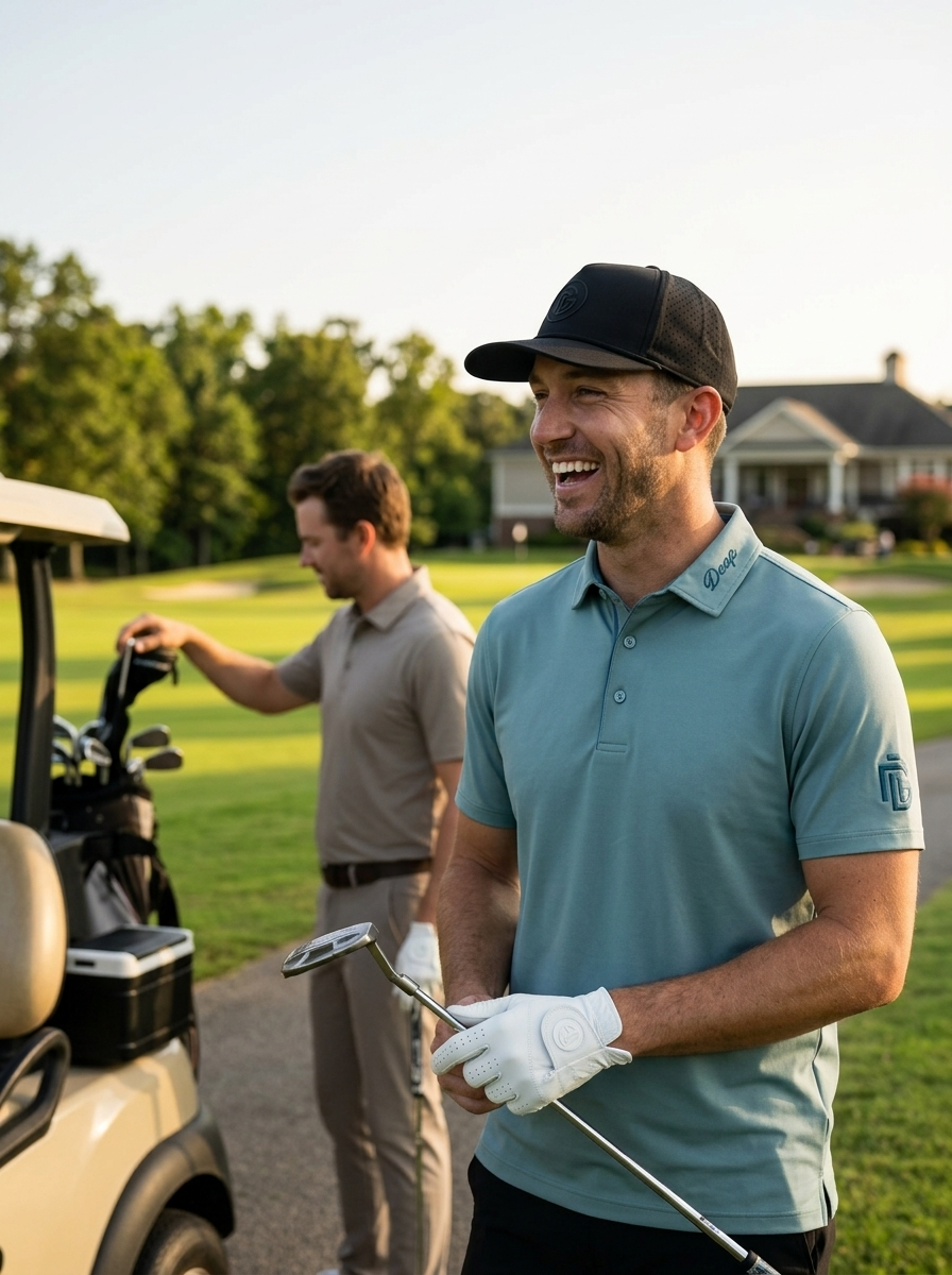 Golfer wearing the Ground Zero Cap, Mission Glove and Flight Deck Polo at golden hour
