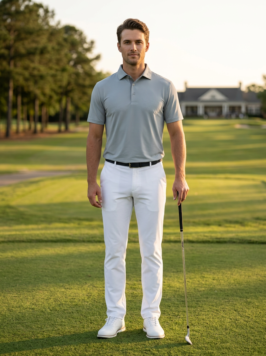 Golfer wearing the Flight Deck Polo in Titanium on the course