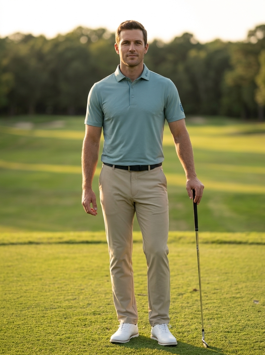 Golfer wearing the Flight Deck Polo in Horizon on the course